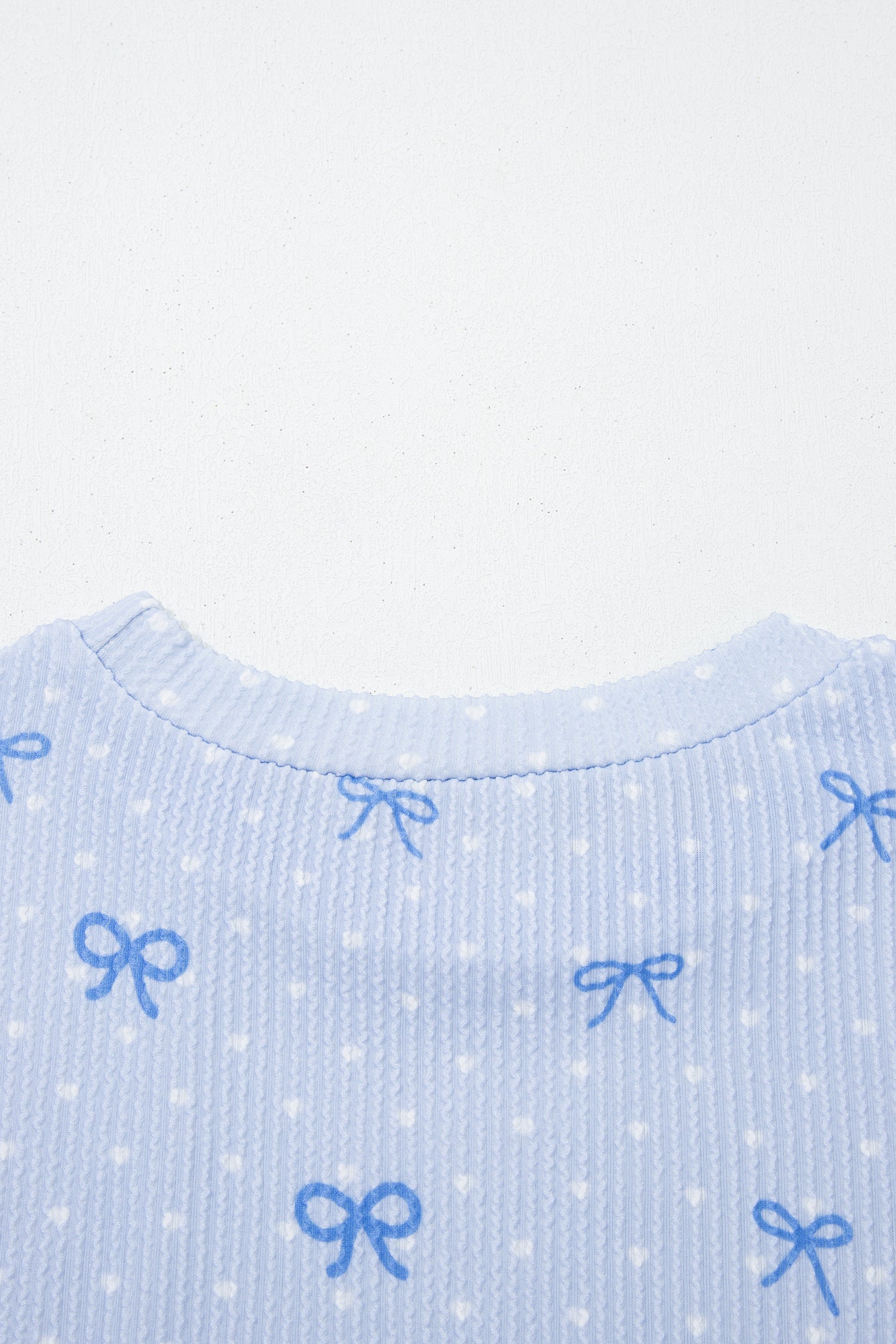 Sky Blue Valentines Bow Print Twisted Rib Loose Long Sleeve Top 2pcs Short Set