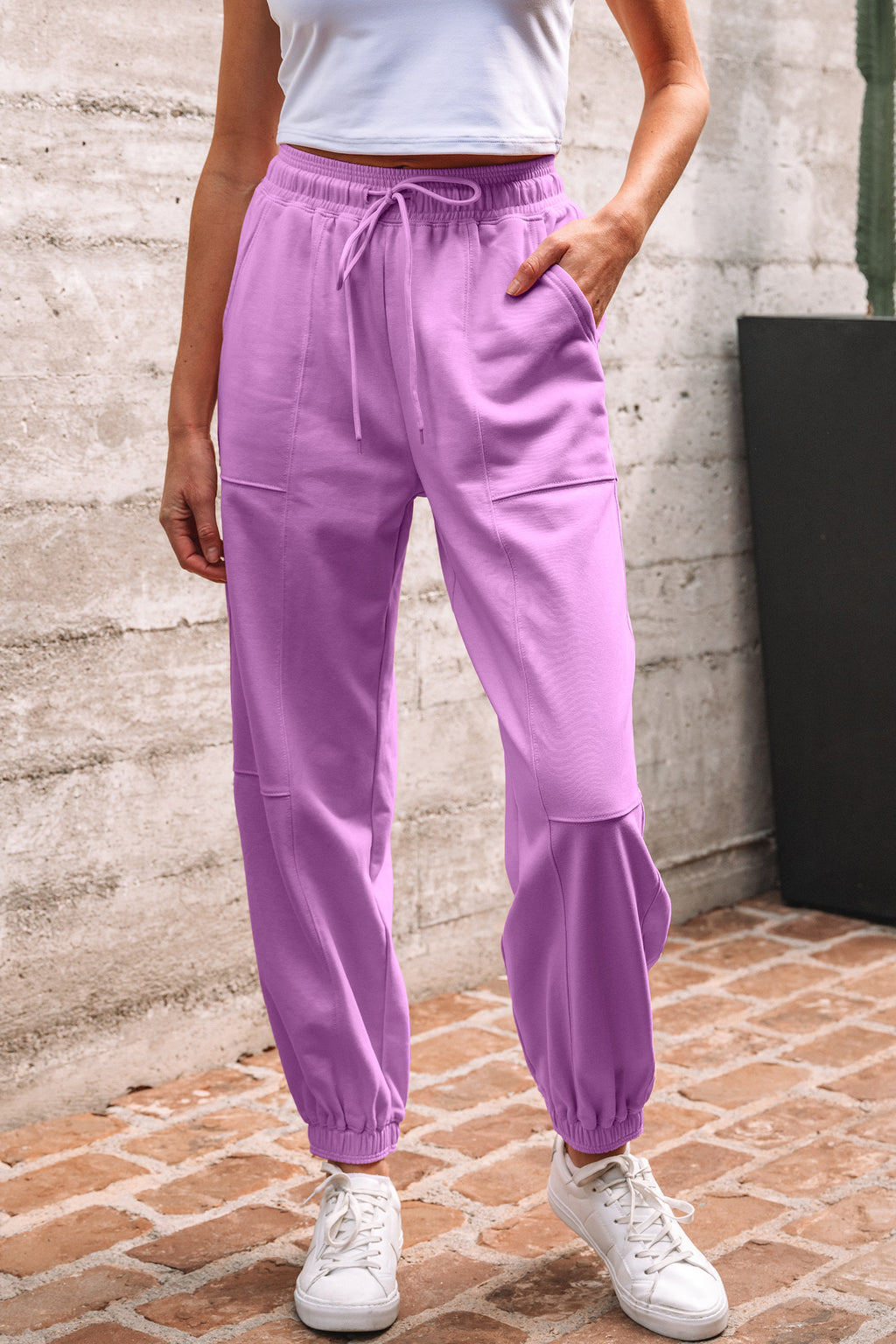 Lilac Drawstring Elastic Waistband Solid Color Jogger Pants
