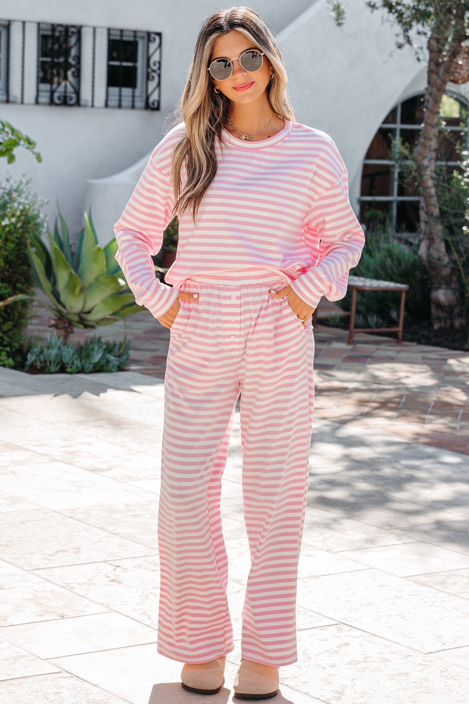 Pink Stripe Drop Shoulder Round Neck Two Piece Set
