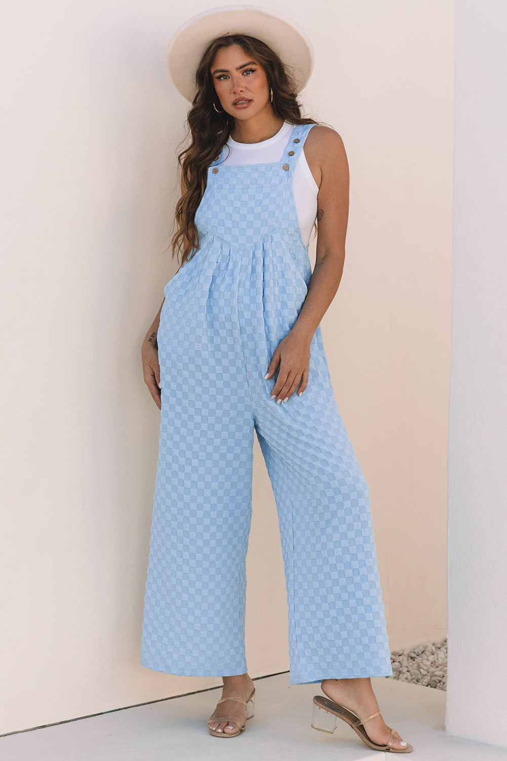 Beige Checkered Pocketed High Waist Wide Leg Overall