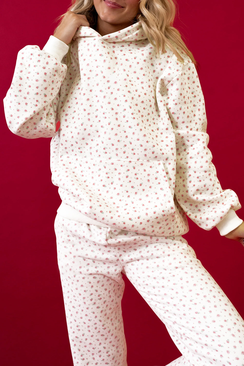 Pink Floral Print Kangaroo Pocket Hoodie Sheath Sweat Set