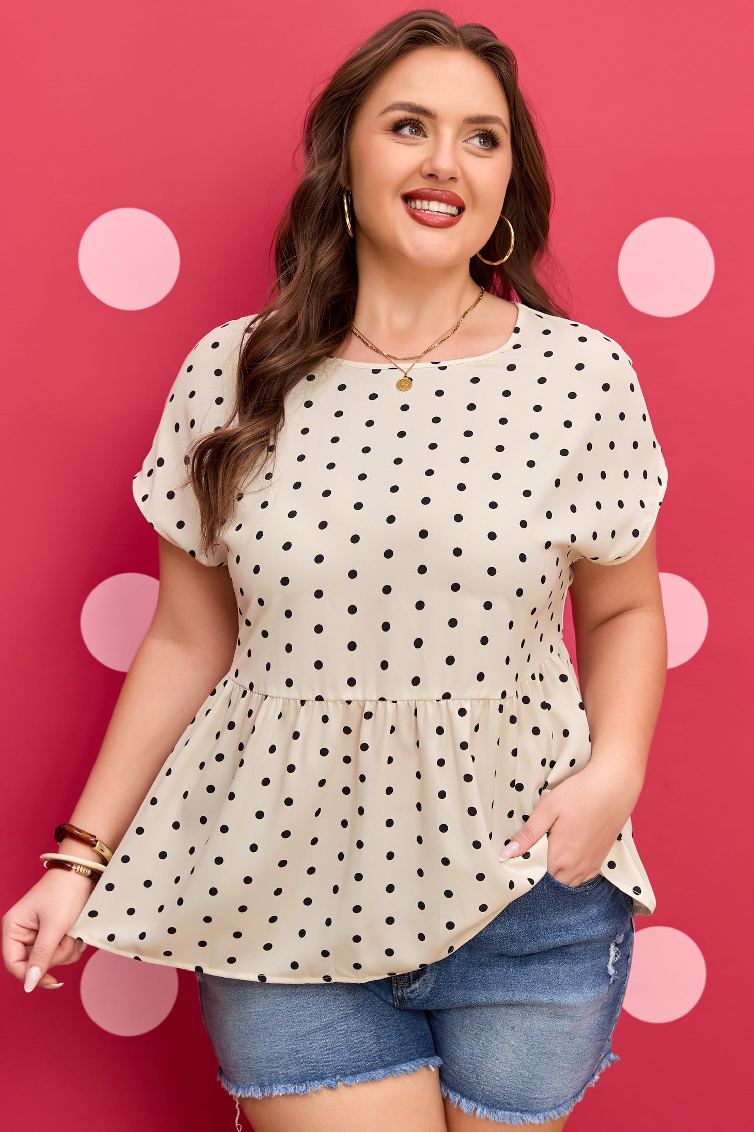 Apricot Plus Size Polka Dot Print Button Detail Short Sleeve Babydoll Blouse