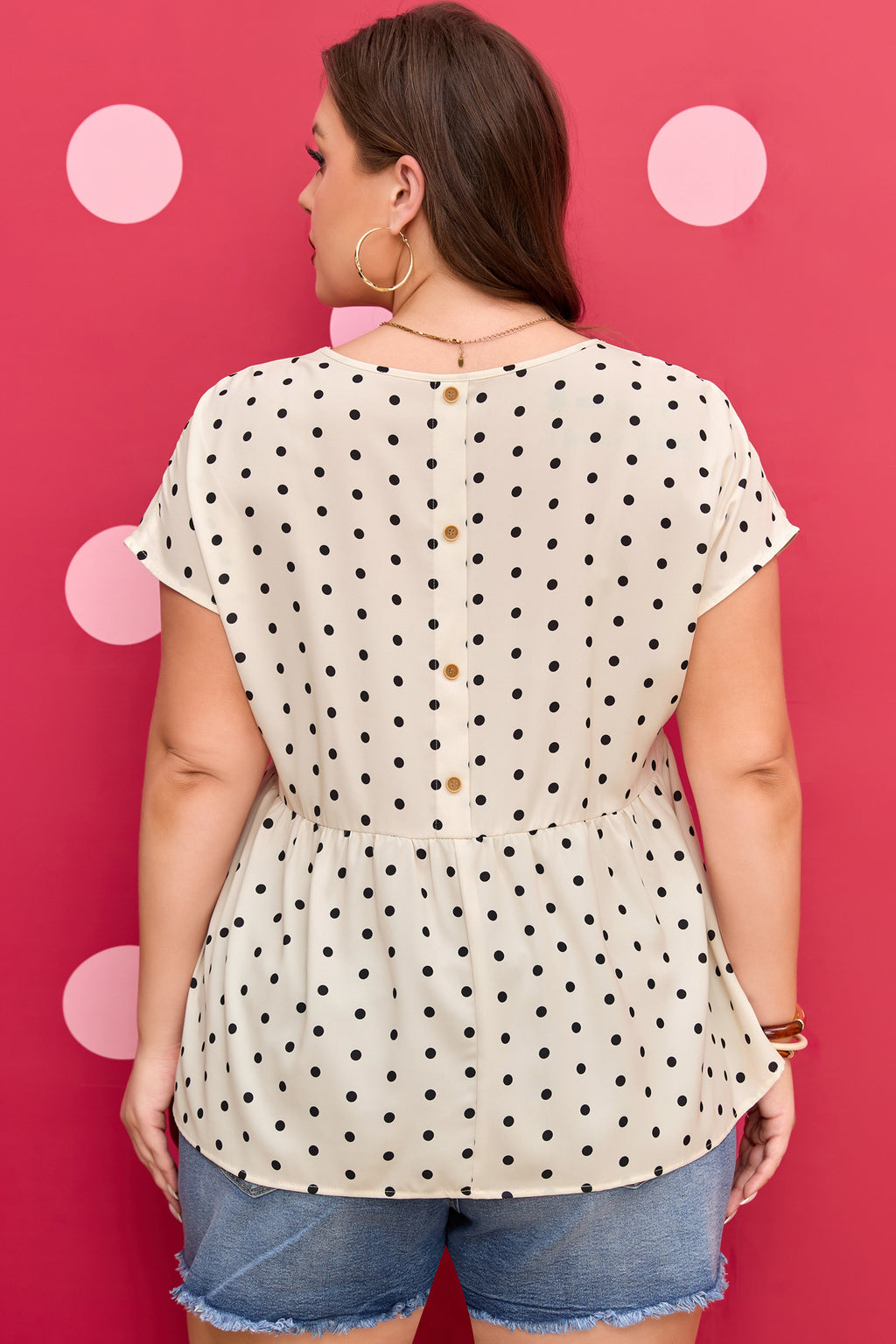 Apricot Plus Size Polka Dot Print Button Detail Short Sleeve Babydoll Blouse