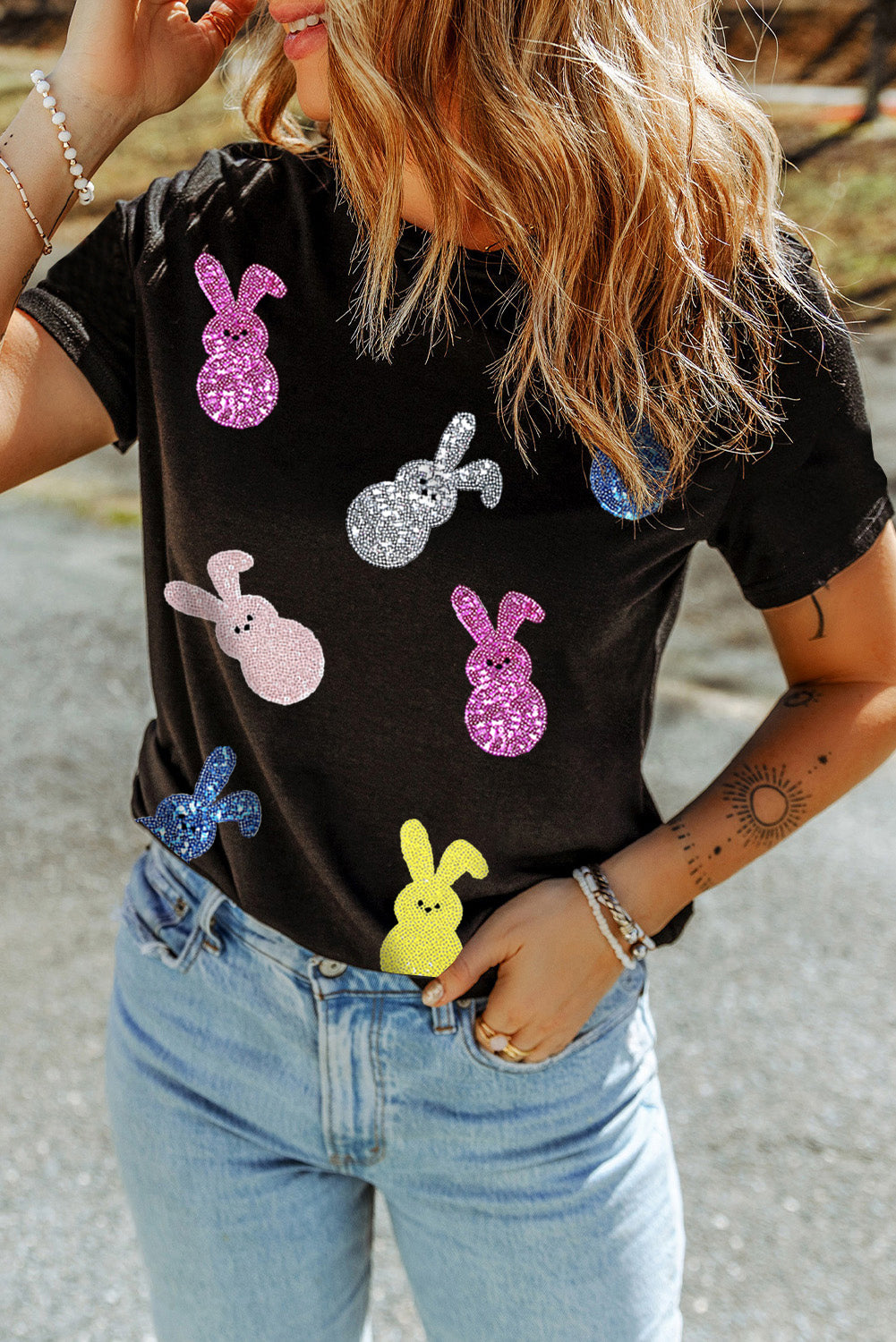 Black Sequin Bunny Doll Graphic Easter Day T Shirt