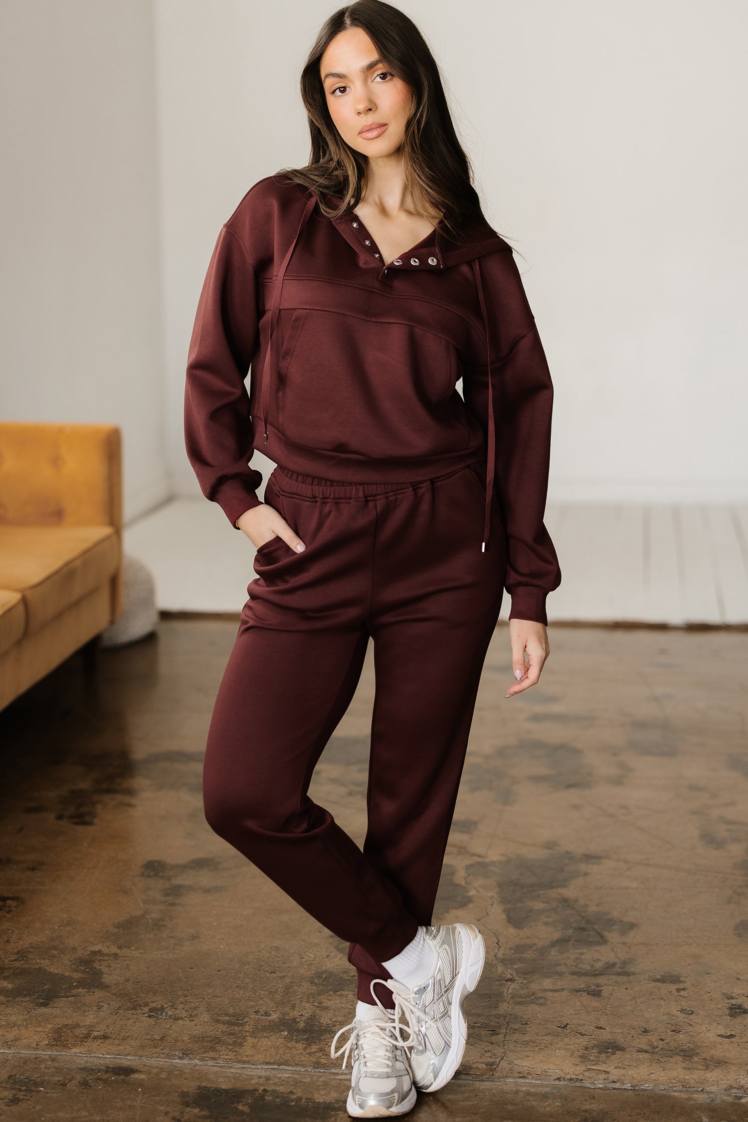 Chicory Coffee Button Drawstring Cropped Hoodie Jogger 2pcs Set