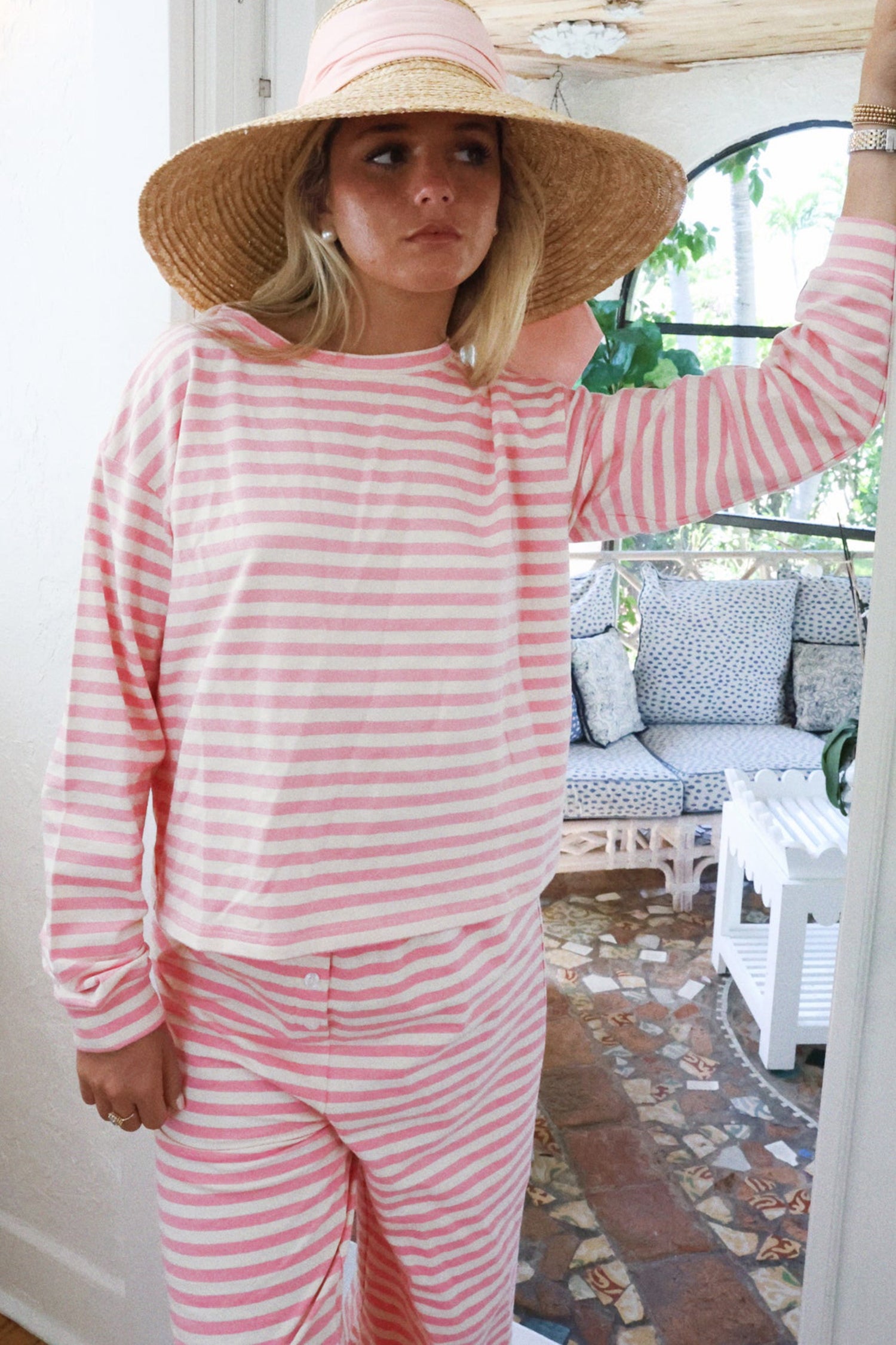 Pink Stripe Drop Shoulder Round Neck Two Piece Set