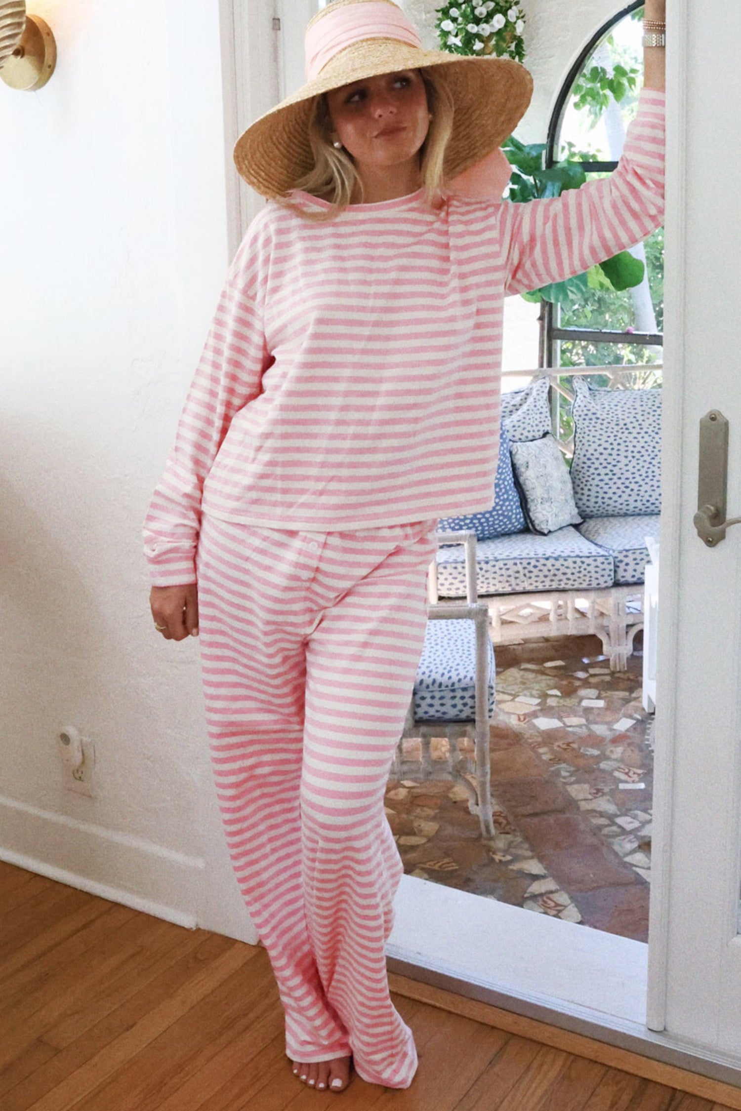 Pink Stripe Drop Shoulder Round Neck Two Piece Set