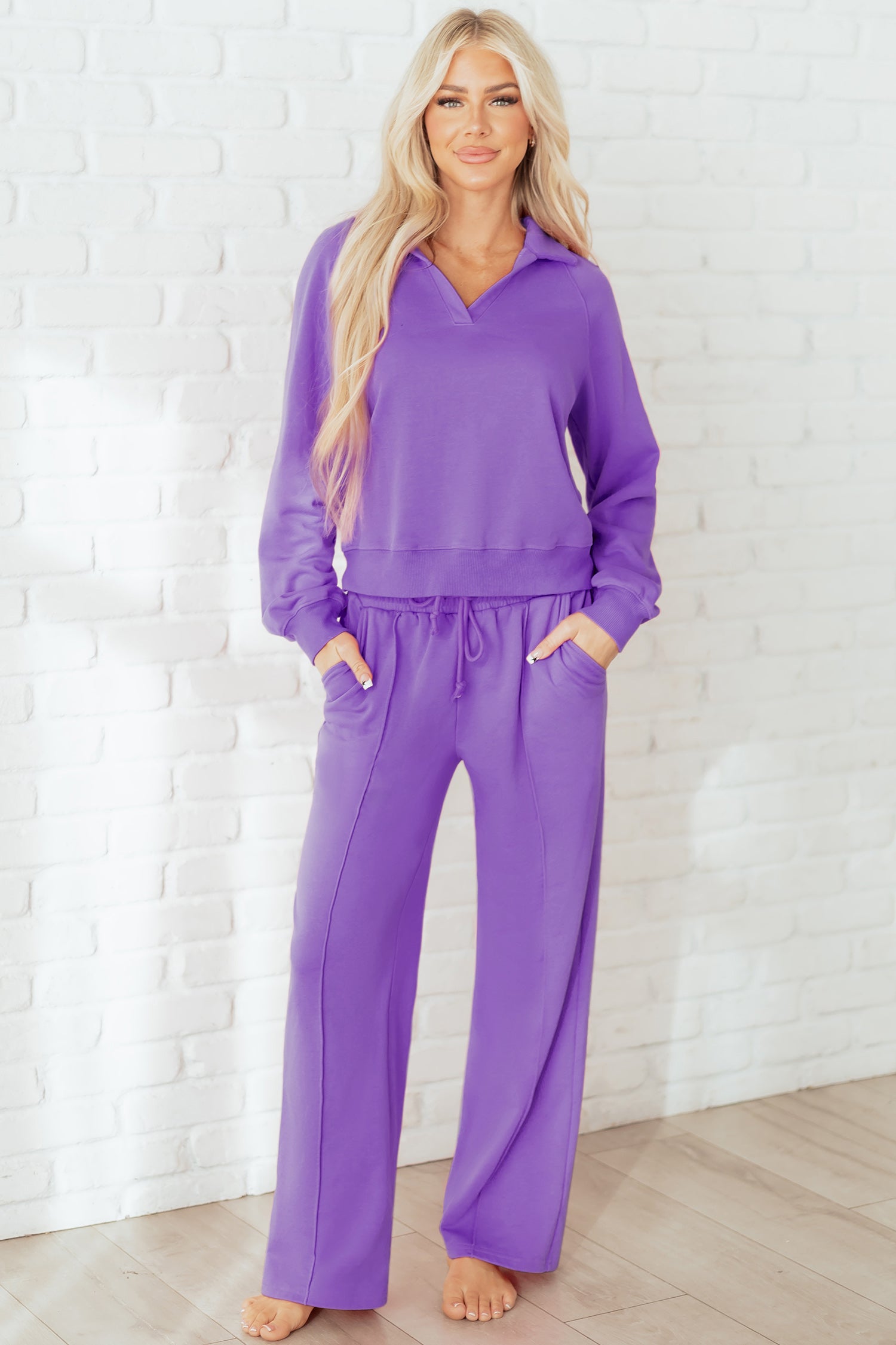 Wisteria Solid Color Collared Pullover and Central Seam Set