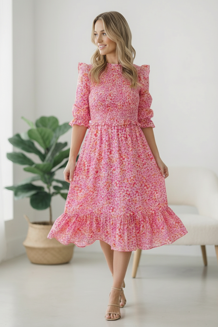 Be My Spring Sweetie Pink Floral Smocked Dress