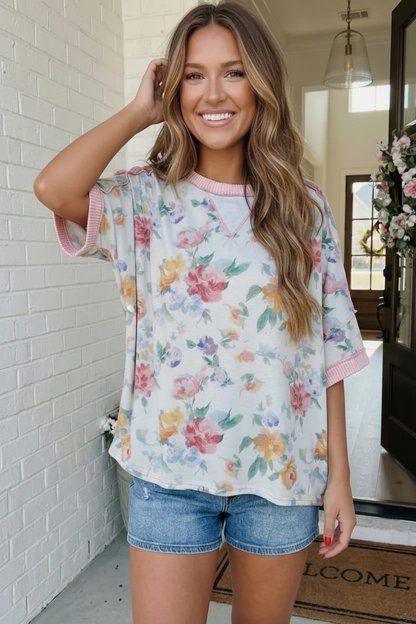 Rosey Teacup Ribbed Crewneck