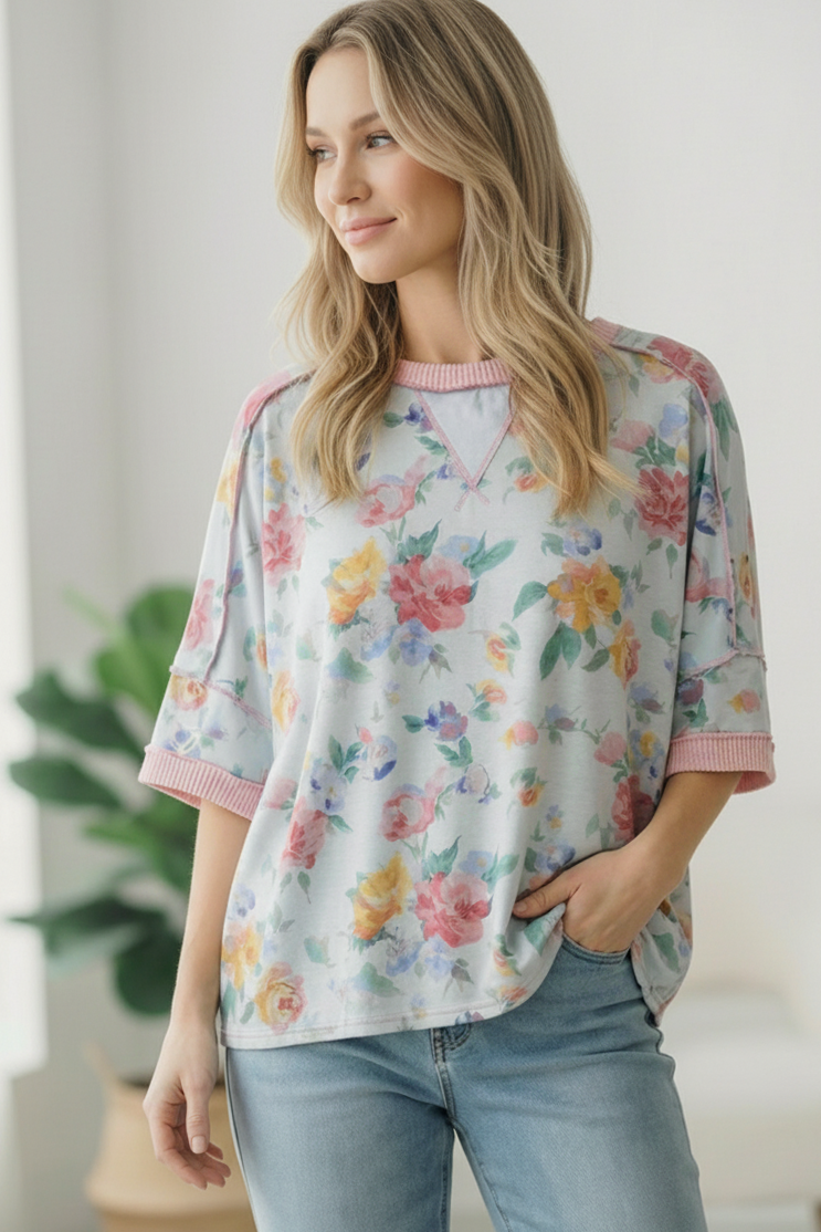 Rosey Teacup Ribbed Crewneck