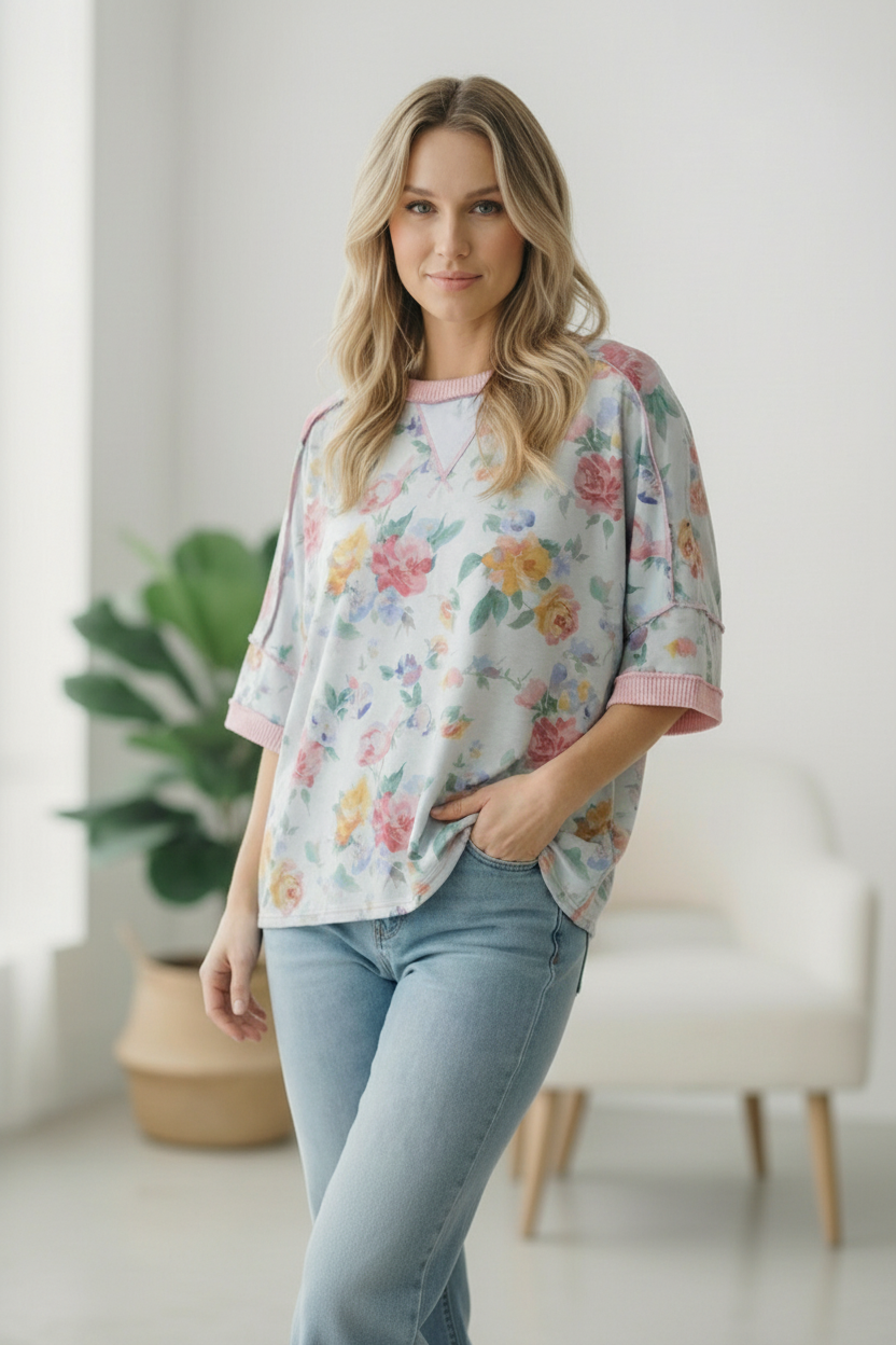 Rosey Teacup Ribbed Crewneck