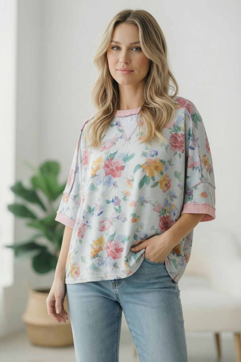 Rosey Teacup Ribbed Crewneck