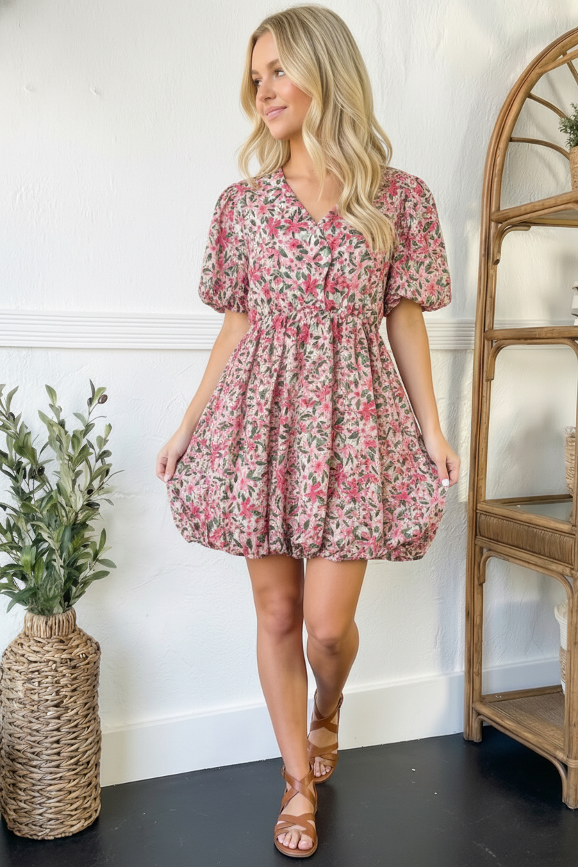 Freshly Picked Pink Florals Cotton Bubble Dress
