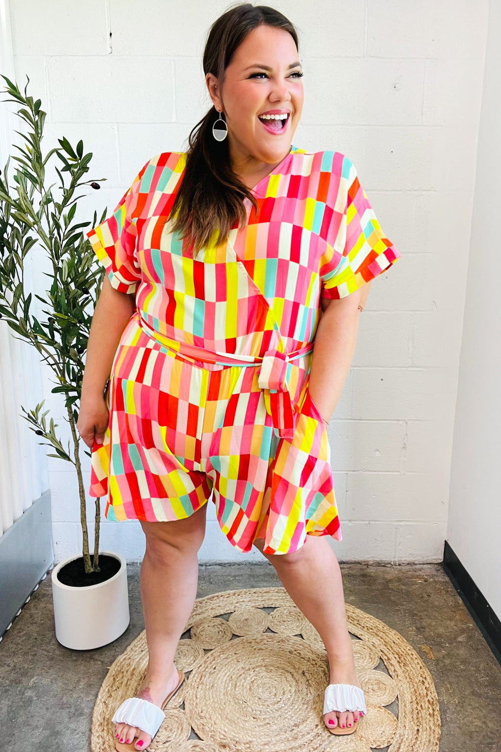 Eyes On You Coral Geo Abstract Surplice Woven Romper