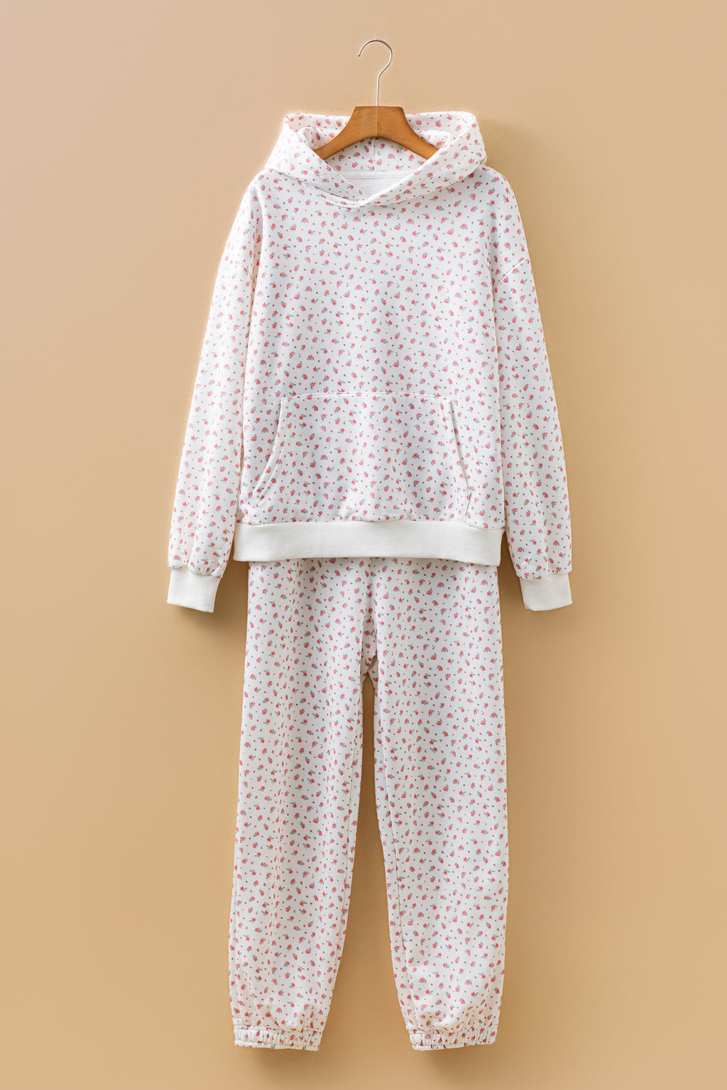 Pink Floral Print Kangaroo Pocket Hoodie Sheath Sweat Set