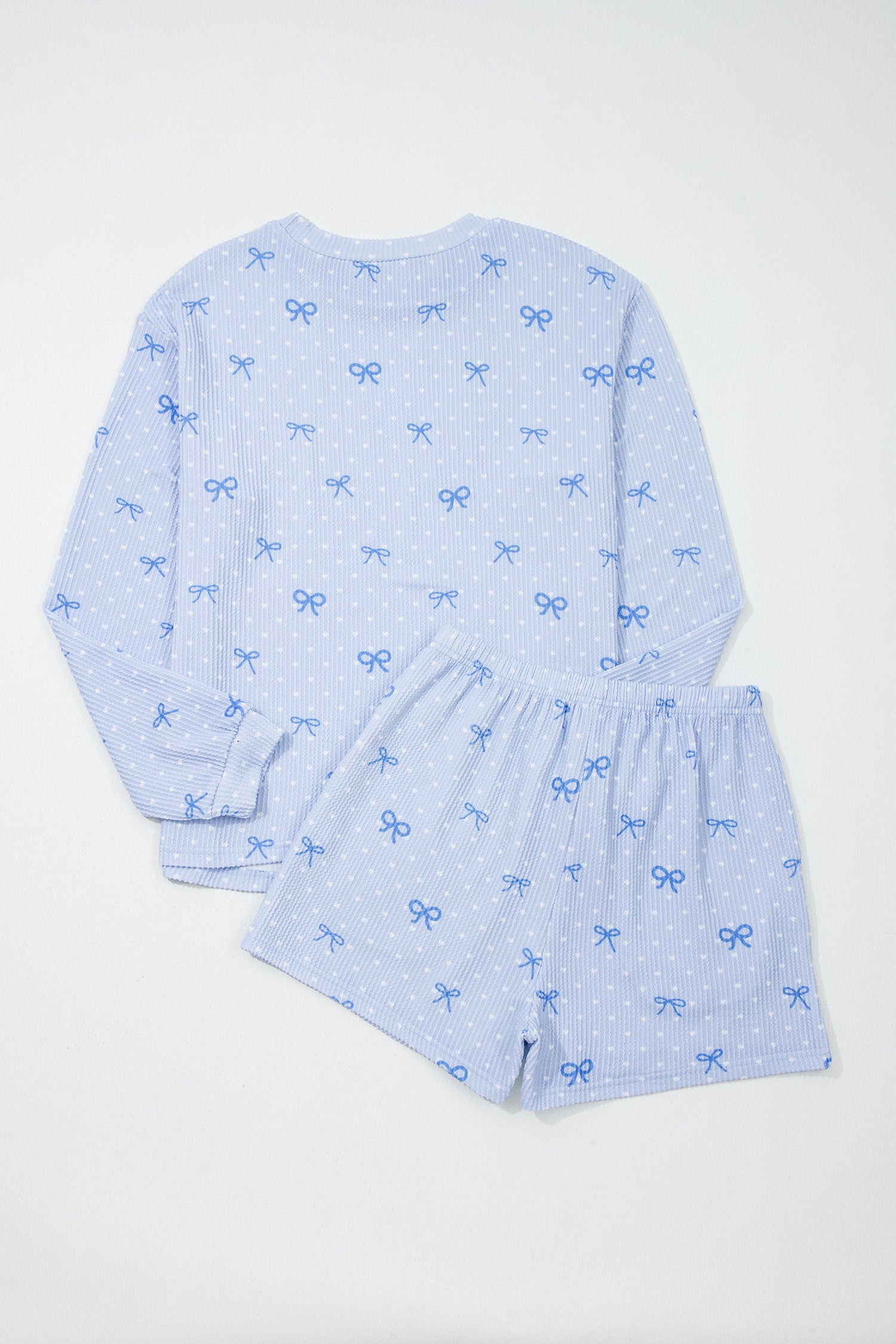 Sky Blue Valentines Bow Print Twisted Rib Loose Long Sleeve Top 2pcs Short Set