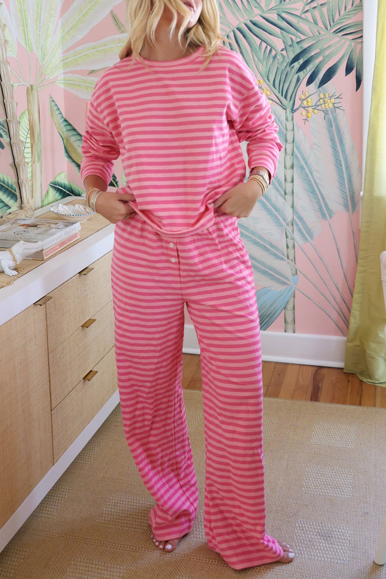 Pink Stripe Drop Shoulder Round Neck Two Piece Set