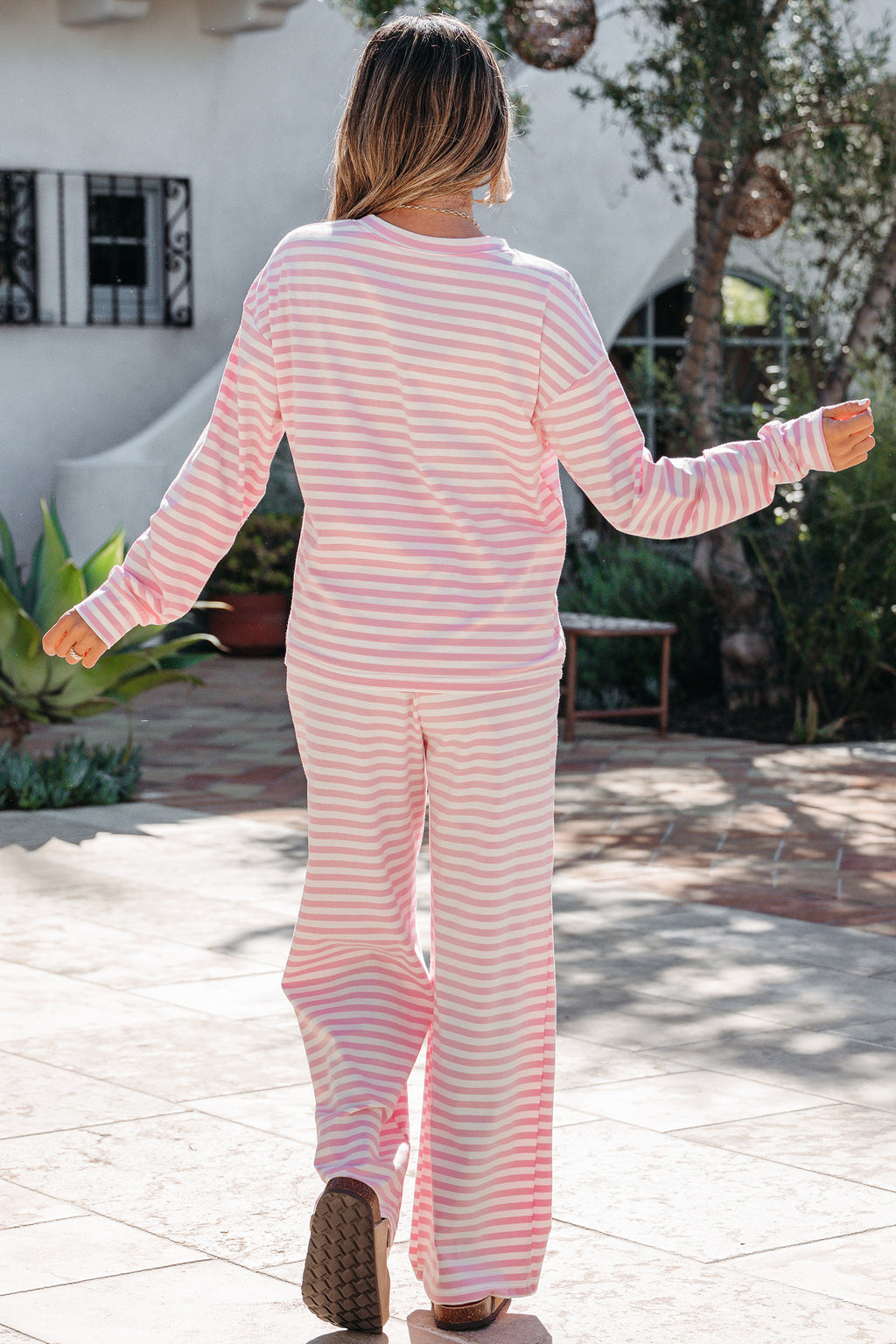 Pink Stripe Drop Shoulder Round Neck Two Piece Set