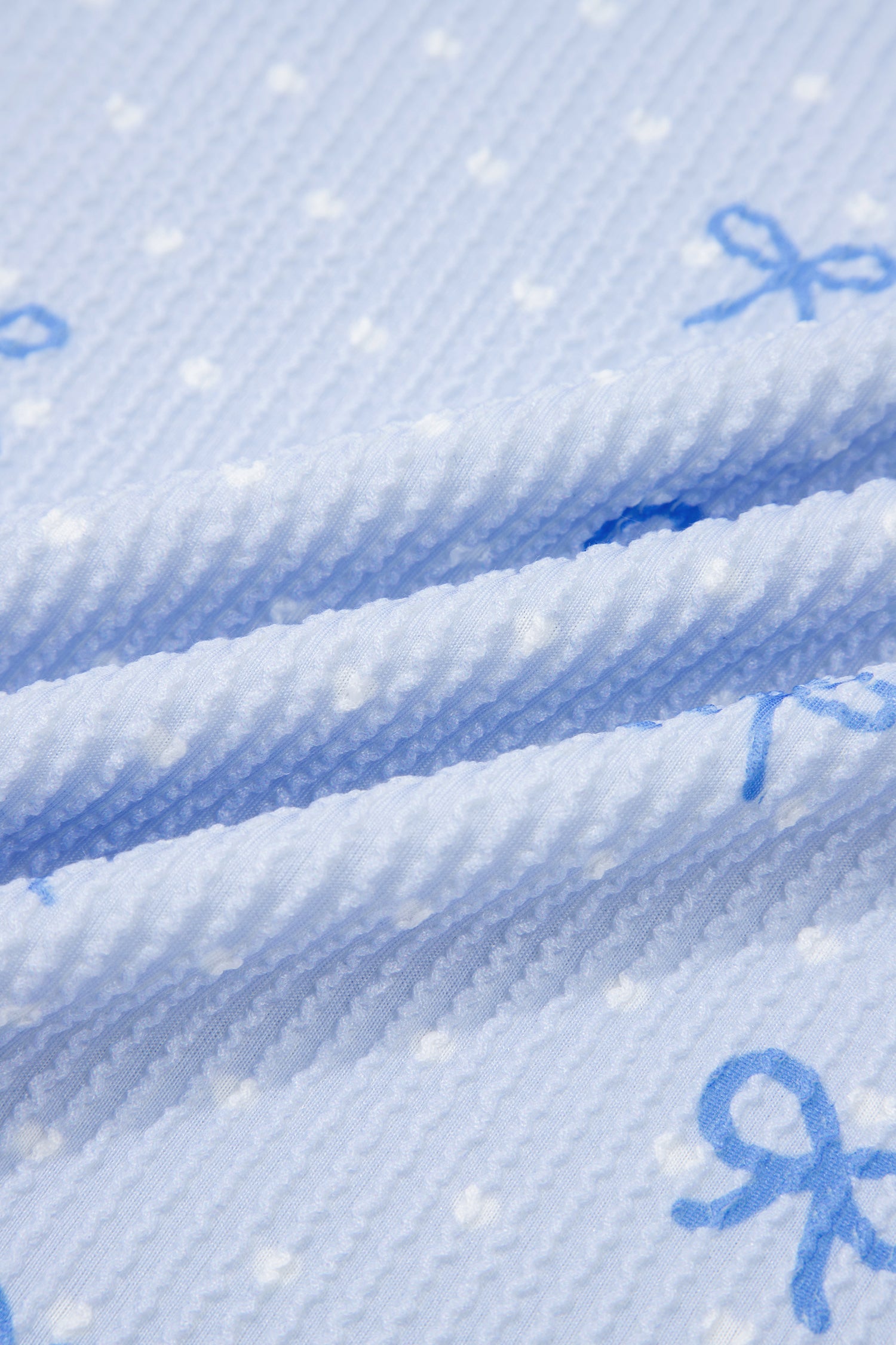 Sky Blue Valentines Bow Print Twisted Rib Loose Long Sleeve Top 2pcs Short Set