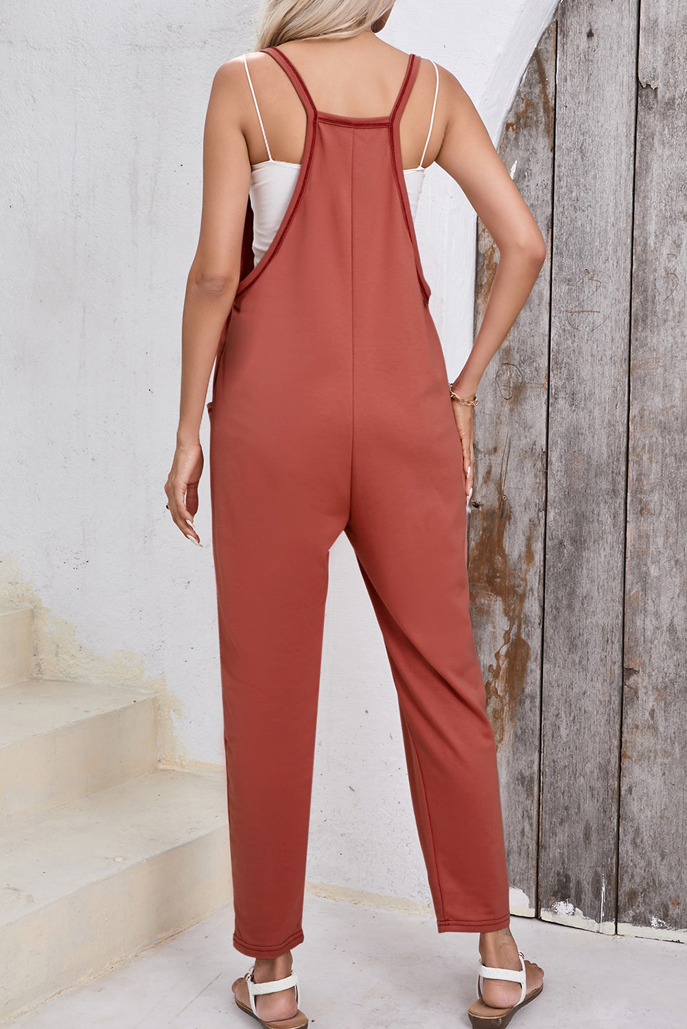 Gold Flame Side Pockets Harem Sleeveless V Neck Jumpsuit