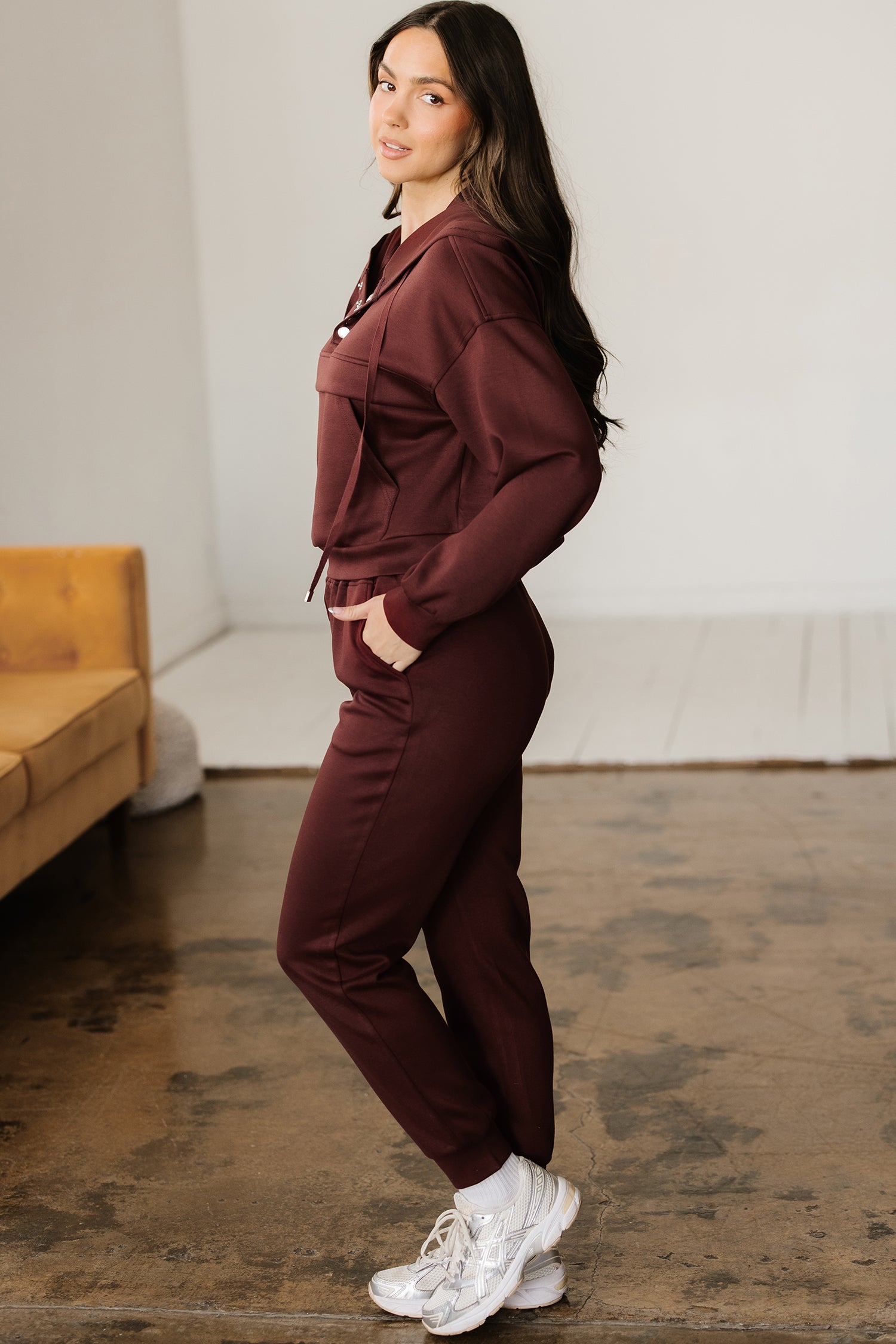 Chicory Coffee Button Drawstring Cropped Hoodie Jogger 2pcs Set