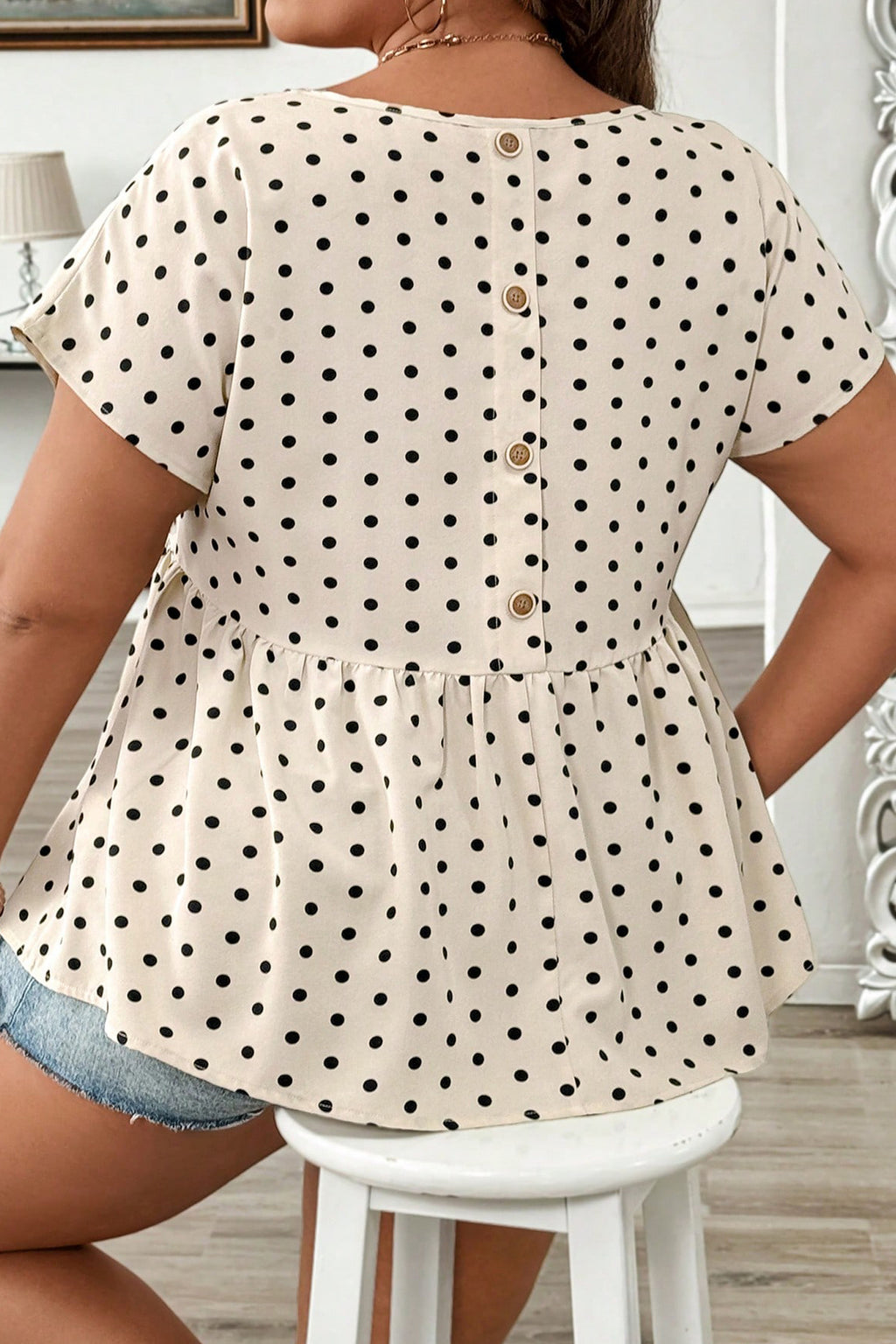 Apricot Plus Size Polka Dot Print Button Detail Short Sleeve Babydoll Blouse
