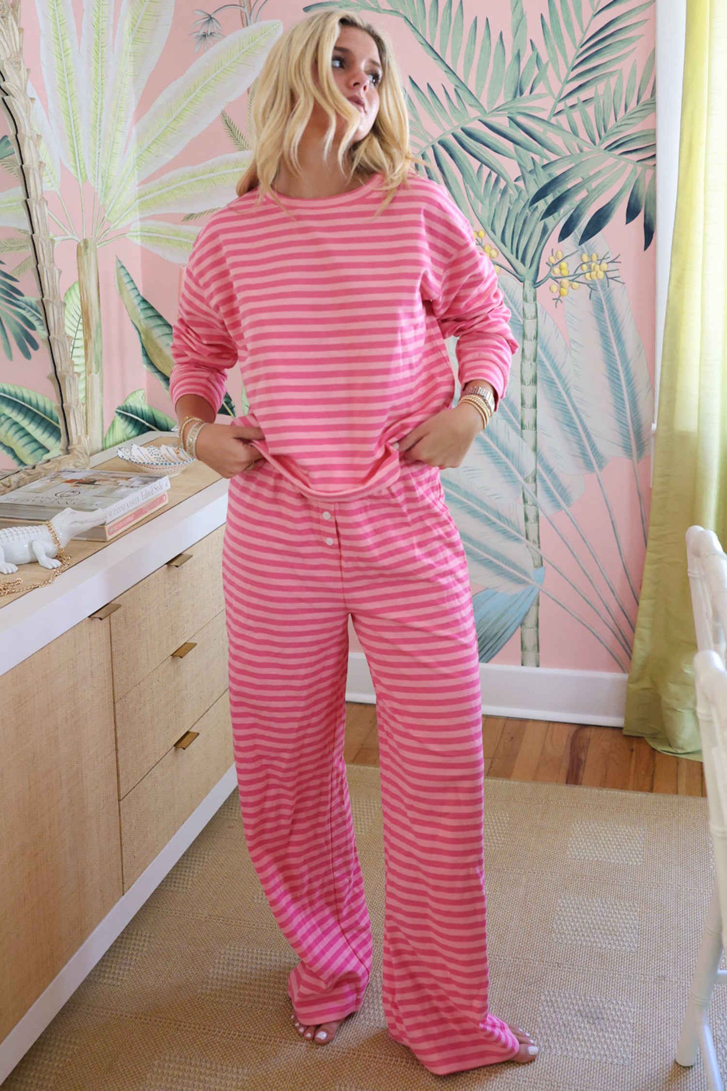 Pink Stripe Drop Shoulder Round Neck Two Piece Set