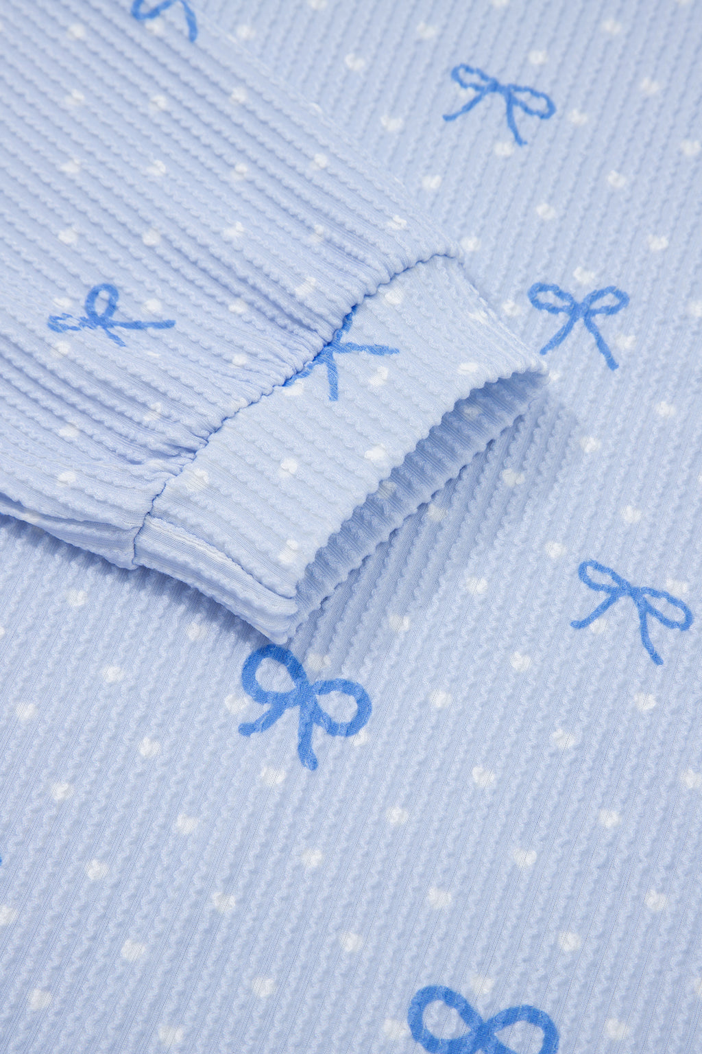 Sky Blue Valentines Bow Print Twisted Rib Loose Long Sleeve Top 2pcs Short Set